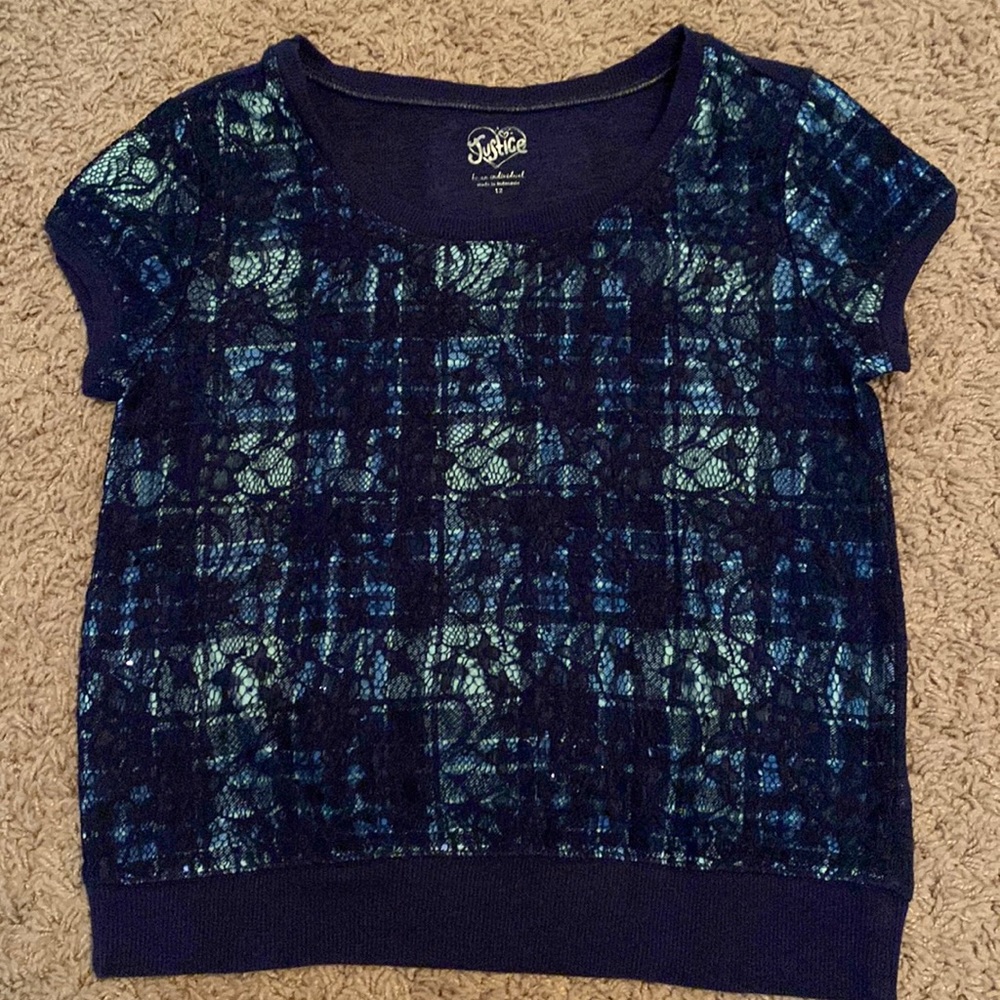 Justice size 12 navy blue plaid and lace flower short sleeve shirt sparkles